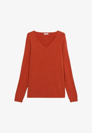 V-neck, long-sleeved sweater in a rich orange hue. Made from soft fabric with ribbed cuffs and hem, featuring a relaxed fit design.