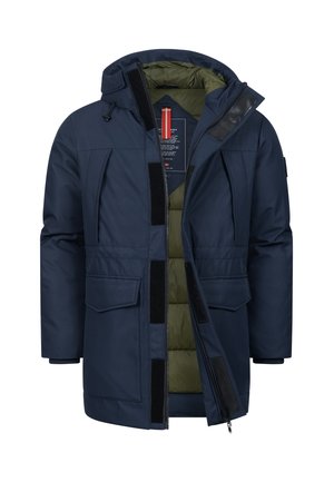 Giacca isolante blu navy con cappuccio, dotata di chiusura con zip e velcro, due tasche frontali e fodera verde oliva.