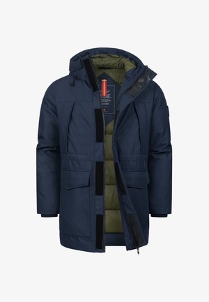 Marineblå isolert jakke med hette, med glidelås og borrelås lukking, to frontlommer og olivengrønn fôr.