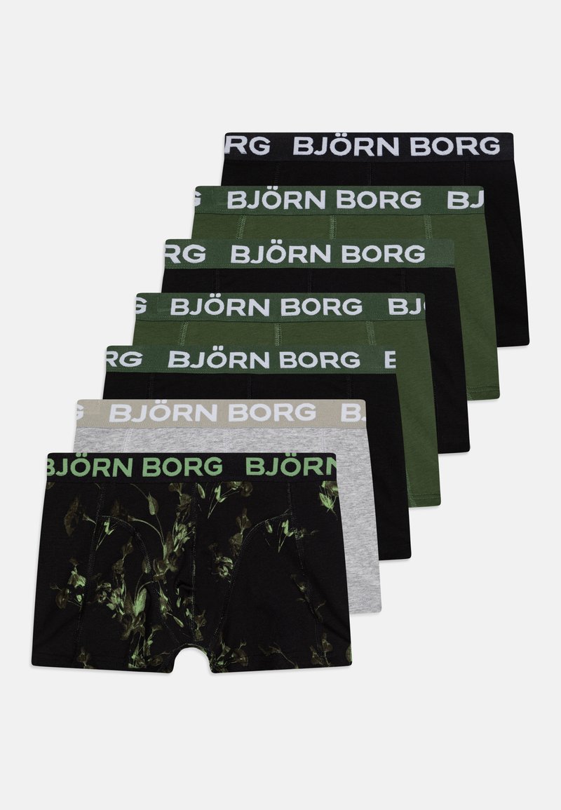 Set aus acht Boxershorts in verschiedenen Farben: schwarz, grau, grün, mit kontrastierenden elastischen Taillenbändern mit dem Text "BJÖRN BORG". Ein Paar hat ein florales Design.
