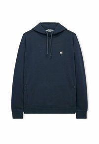 Felpa con cappuccio di un blu navy scuro, con lacci, maniche lunghe e polsini a coste, e un piccolo logo quadrato sul lato sinistro del petto.
