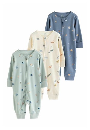 Drie babyrompers met lange mouwen en ritsen, in groen, crème en blauw, met dieren- en ruimtevaartthema.