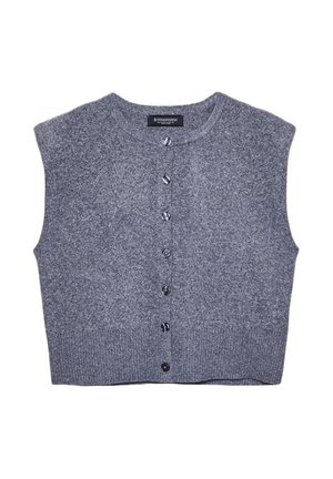 Gilet grigio a maglia con scollatura rotonda, senza maniche e chiusura frontale con bottoni. Presenta un orlo a coste e una texture liscia.