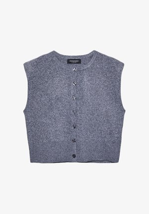 Grauer gestrickter Pullover mit rundem Ausschnitt, ärmellosem Design und Knopfverschluss vorne. Beinhaltet einen gerippten Saum und eine glatte Textur.