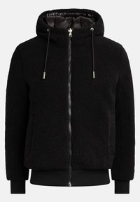 Black fleece hoodie with a zip front, adjustable drawstring hood, ribbed cuffs, and hem. Soft texture with a relaxed fit.