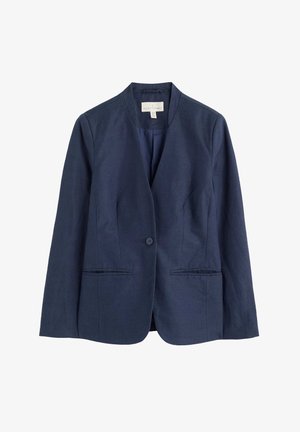 Granatowa marynarka z teksturowanej tkaniny, zapinana na pojedynczy guzik, z ukośnymi klapami i dwiema przednimi kieszeniami. Dopasowany krój z czystymi liniami.