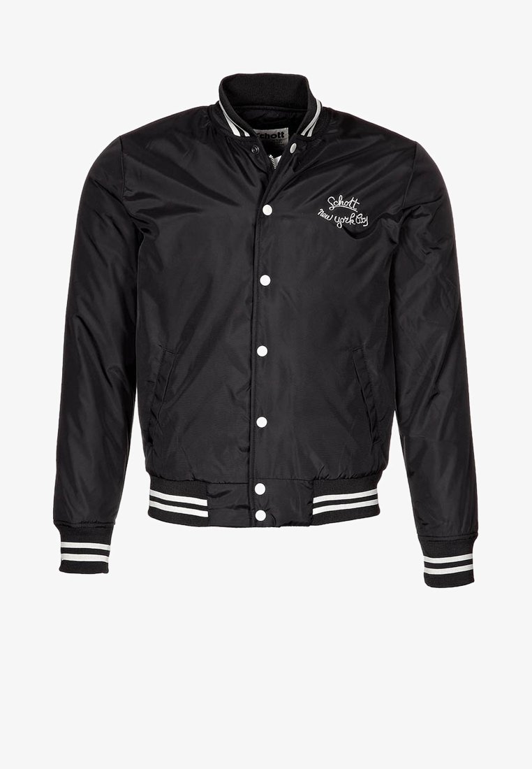 Veste varsity noire avec boutons blancs, poignets et ourlet rayés, et "Schott New York City" brodé sur la poitrine gauche.
