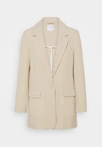 Blazer à carreaux beige avec une fermeture à un seul bouton, des revers crantés, deux poches avant et des manches longues, présentant une texture de tissu léger.