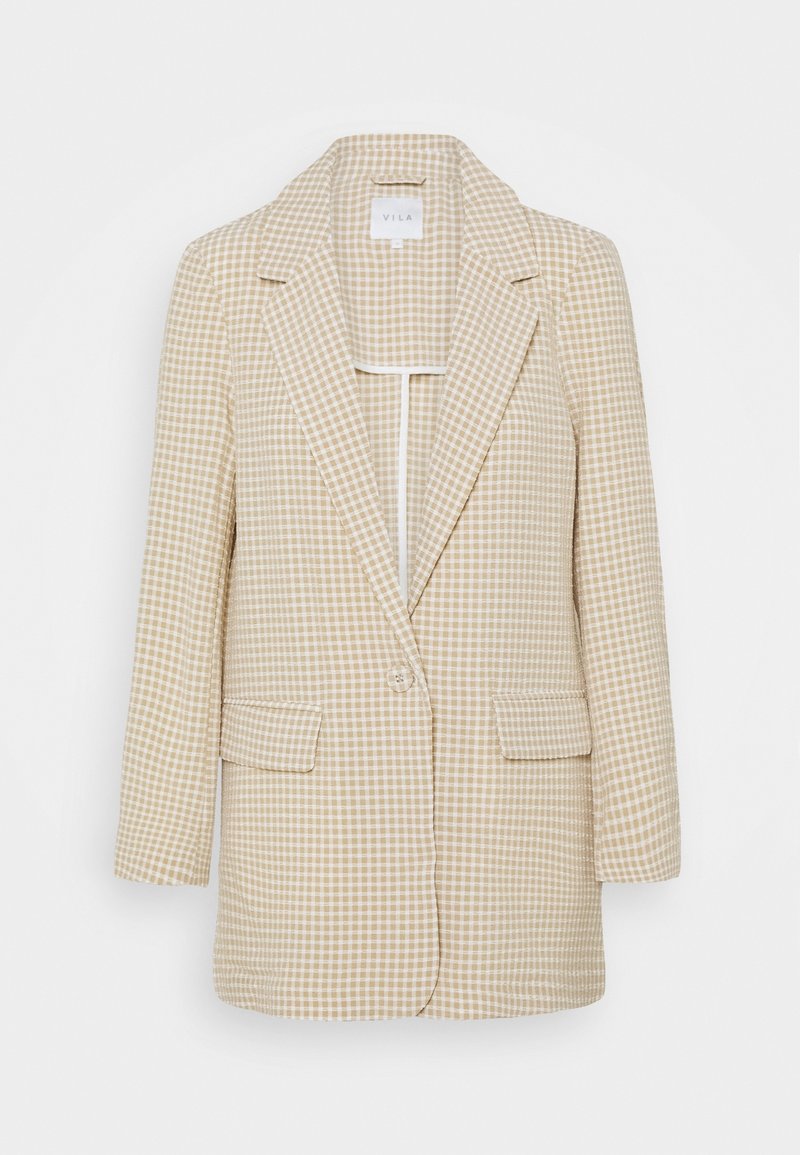 Blazer à carreaux beige avec une fermeture à un seul bouton, des revers crantés, deux poches avant et des manches longues, présentant une texture de tissu léger.