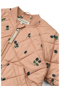Quilted jacket in soft peach fabric featuring green and dark blue floral patterns. Zipper closure with ribbed collar and cuffs.
