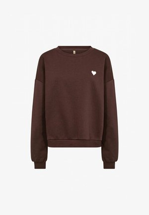 Felpa marrone scuro con scollo rotondo, maniche lunghe e piccolo emblema a forma di cuore bianco sul petto sinistro.