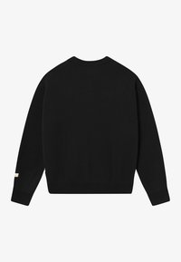 Black knit sweater with a crew neck, long sleeves, ribbed cuffs, and hem; features a small label at the left sleeve.