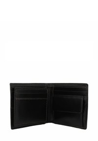 Portefeuille en cuir noir avec plusieurs emplacements pour cartes et un compartiment plus grand pour les billets, doté de coutures contrastantes en marron.