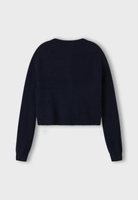 Marineblauer, kurzer Pullover mit langen Ärmeln und Rundhalsausschnitt. Weiche Textur und gerippter Saum am unteren Ende. Minimalistisches Design.