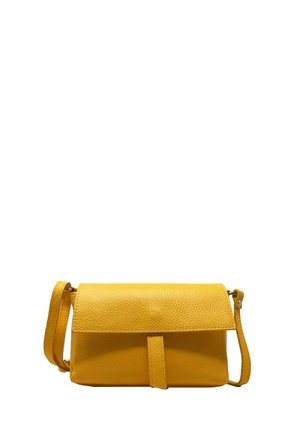 Borsa a tracolla gialla in pelle con finitura texture, forma rettangolare, chiusura a pattina e tracolla staccabile. Design compatto e strutturato.