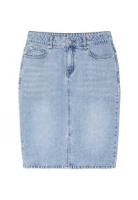 Lichtblauwe denim rok met een aansluitend ontwerp, middenlengte, vijf zakken en zilverkleurige details. Licht vervaagde textuur overal.