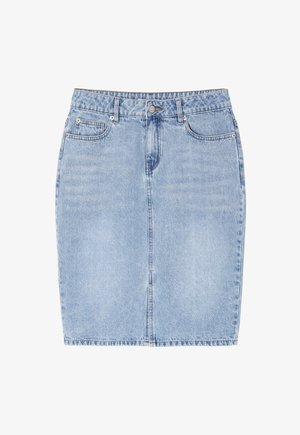Hellblauer Jeansrock mit taillierter Passform, mittellang, fünf Taschen und silberfarbener Hardware. Leicht ausgewaschene Textur im gesamten Rock.