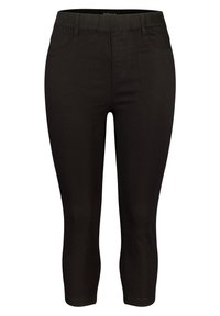 Pantalons capri noirs en tissu extensible, dotés d'une taille élastique et de coutures décoratives sur les poches avant.