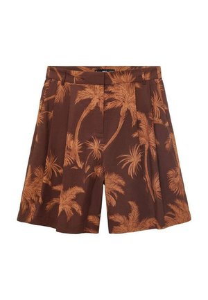 Brown shorts featuring an orange palm tree pattern, pleated design, and smooth texture. Mid-rise waist with a tailored fit.