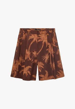 Brown shorts featuring an orange palm tree pattern, pleated design, and smooth texture. Mid-rise waist with a tailored fit.