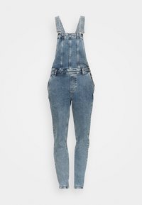 Farkkutakki vaaleansinisessä pesussa, jossa on säädettävät hihnat, etutaskut ja kapeat lahkeet, joissa on repsottavat helmat.