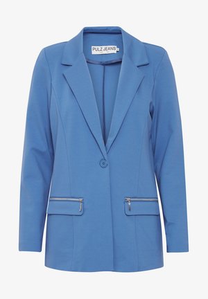 Blå kavaj med en enda knappstängning, skarpa slag och två dragkedjefickor. Tillverkad av ett mjukt tyg med en skräddarsydd passform.