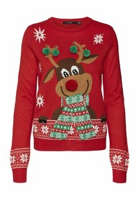 Rode trui met een rendiergraphic en groene en witte accenten. Pompons en sneeuwvlokpatronen op de mouwen versterken het feestelijke ontwerp.
