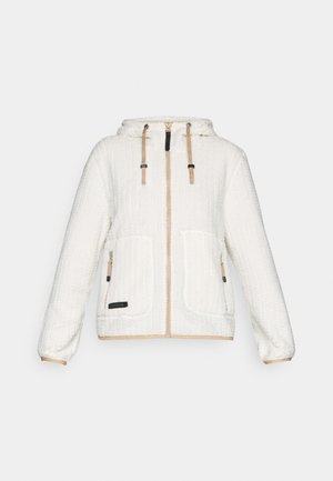 Hvit hettegenser laget av strukturert stoff, med en frontglidelås, to sidelommer og beige detaljer langs kanten og glidelåsen.