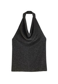 Sort halterneck-top med en cowled halsudskæring, lavet af glitrende stof. Har et ærmeløst design og en løs draperet silhuet.