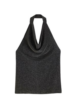 Musta halterneck-toppi, jossa on laskostettu kaula-aukko, valmistettu kimaltelevasta kankaasta. Ominaisuuksiin kuuluu hihaton muotoilu ja pörröinen, roikkuva siluetti.
