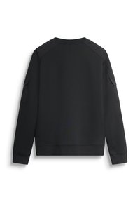 Felpa nera con una texture liscia, scollo rotondo e maniche raglan. Include due tasche laterali sulle maniche superiori.