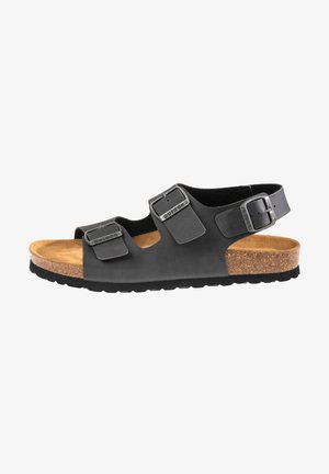 Black leather sandal with two adjustable straps, cork footbed, and a textured rubber sole. Features silver-tone buckles and open toe design.