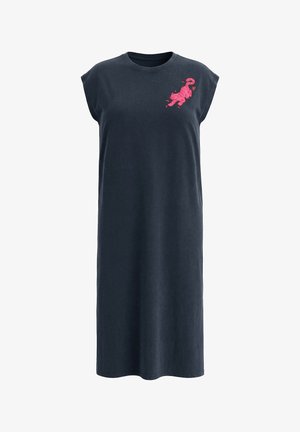 Ärmelloses, knielanges dunkelgraues Kleid mit einer kleinen rosa Katzen-Grafik und einem Herz auf der oberen linken Brust.