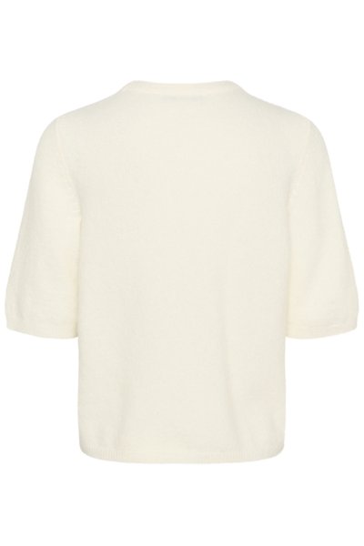 Pull à manches courtes de couleur crème en tissu doux et texturé. Doté d'un col rond et d'une coupe décontractée avec un ourlet côtelé.