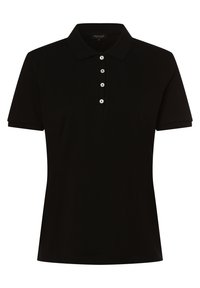 Zwarte poloshirt gemaakt van zachte stof, met een klassieke kraag, korte mouwen en een knoopsluiting met contrasterende knopen.