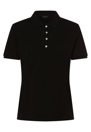 Schwarzes Polo-Shirt aus weichem Stoff, mit einem klassischen Kragen, kurzen Ärmeln und einer Knopfleiste mit kontrastierenden Knöpfen.