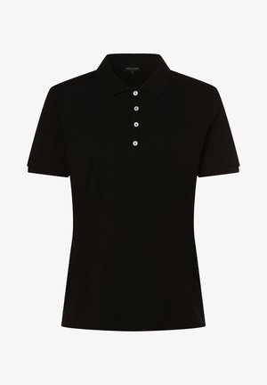 Zwarte poloshirt gemaakt van zachte stof, met een klassieke kraag, korte mouwen en een knoopsluiting met contrasterende knopen.