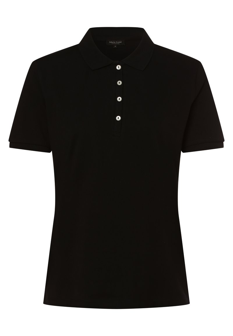 Zwarte poloshirt gemaakt van zachte stof, met een klassieke kraag, korte mouwen en een knoopsluiting met contrasterende knopen.