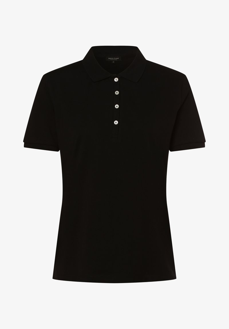 Zwarte poloshirt gemaakt van zachte stof, met een klassieke kraag, korte mouwen en een knoopsluiting met contrasterende knopen.