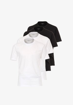 Fire bomulds t-shirts vist på: to hvide foran, efterfulgt af en sort og endnu en sort bagest. Klassisk rund hals design.