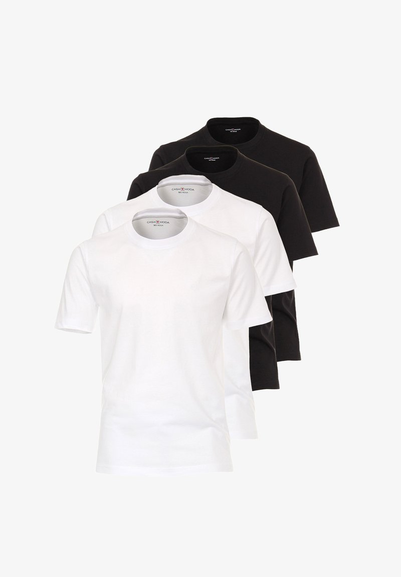 Vier katoenen t-shirts worden getoond: twee witte aan de voorkant, gevolgd door een zwarte en nog een zwarte aan de achterkant. Klassiek crew neck ontwerp.