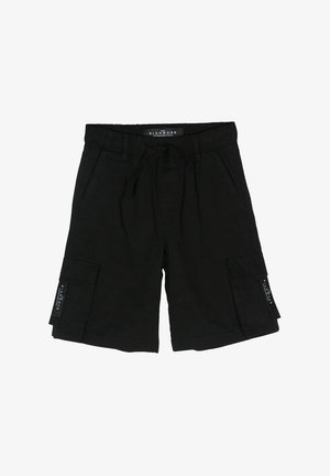 Pantaloni cargo neri realizzati in tessuto leggero, con vita elasticizzata, cordino, due tasche laterali e una tasca cargo sulla gamba.