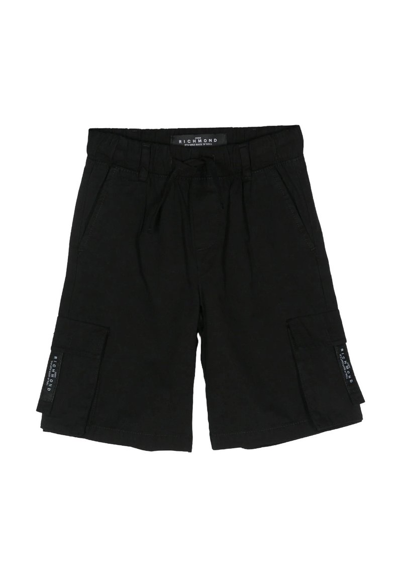 Pantaloni cargo neri realizzati in tessuto leggero, con vita elasticizzata, cordino, due tasche laterali e una tasca cargo sulla gamba.