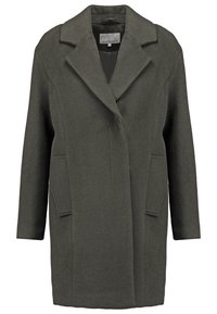 Manteau en laine vert foncé avec un col cranté, des manches longues et deux poches avant. Le design présente une coupe décontractée et une texture lisse.