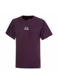 Camiseta corta de mangas en color púrpura, hecha de algodón, con un logo bordado en blanco en el pecho. Corte clásico con un diseño de cuello redondo.