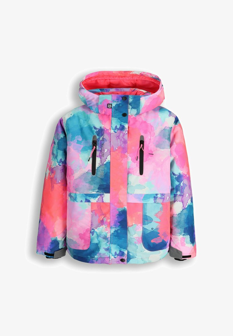 Kolorowa wodoodporna kurtka z wzorem akwarelowym w odcieniach różu, niebieskiego i turkusu, z podwójnymi przednimi kieszeniami i regulowanymi mankietami.