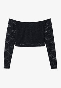 Svart avtagbar axel-top i spets, med långa spetsärmar och en åtsittande cropped design. Invecklat blommönster över hela tyget.