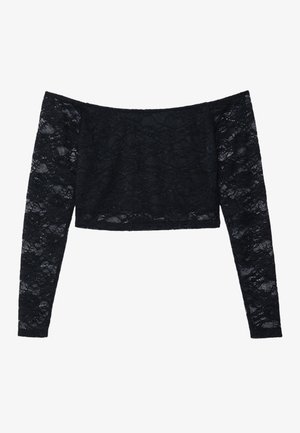 Črna off-the-shoulder majica iz čipke, z dolgimi čipkastimi rokavi in prilegnjenim krojenjem do pasu. Kompleksni cvetlični vzorec po celotni tkanini.