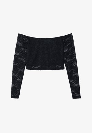 Top negru, fără umeri, din dantelă, având mâneci lungi din dantelă și un design croppat ajustat. Model floral complex pe întreaga țesătură.