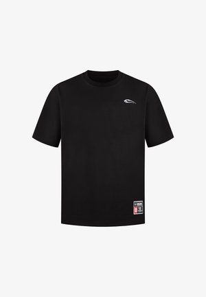 Black cotton t-shirt with short sleeves, rounded neckline, white logo on the left chest, and a small label on the lower left side.
